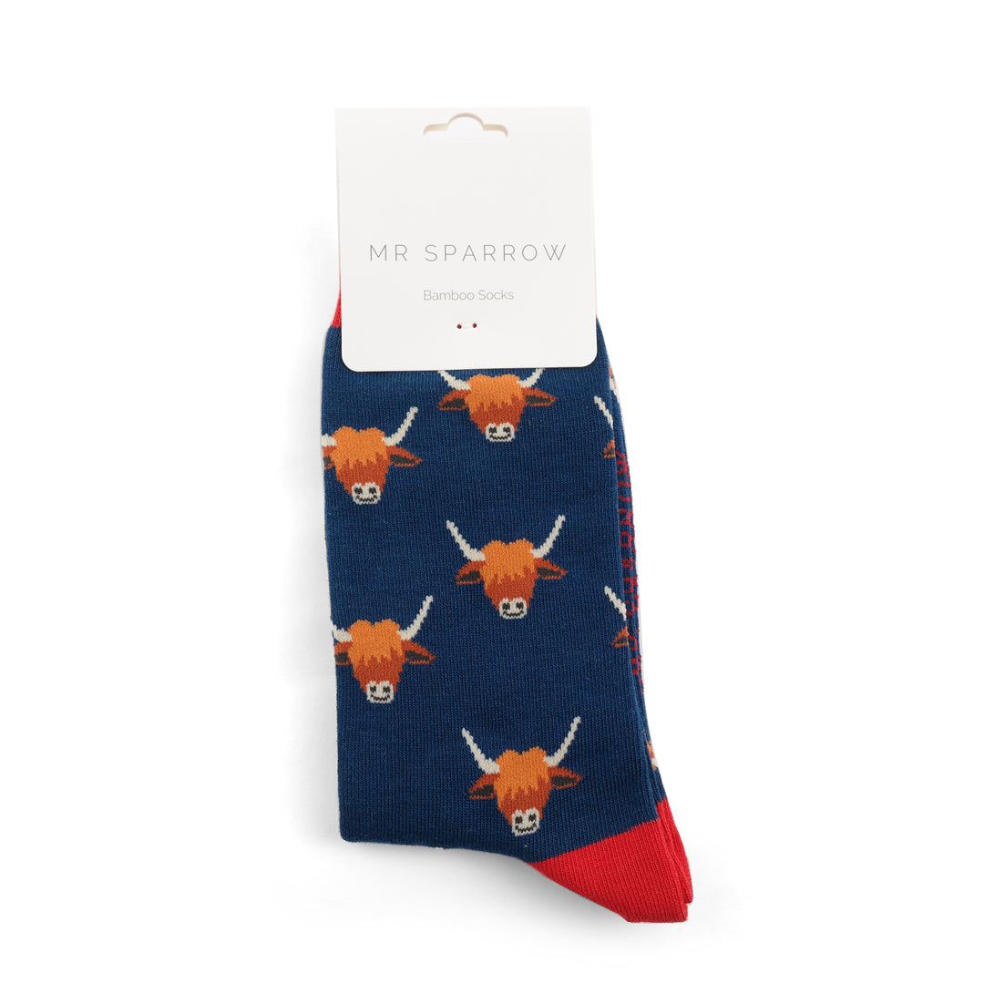 Mr Sparrow Highland Cow NAVY Quality Bamboo Socks MR065