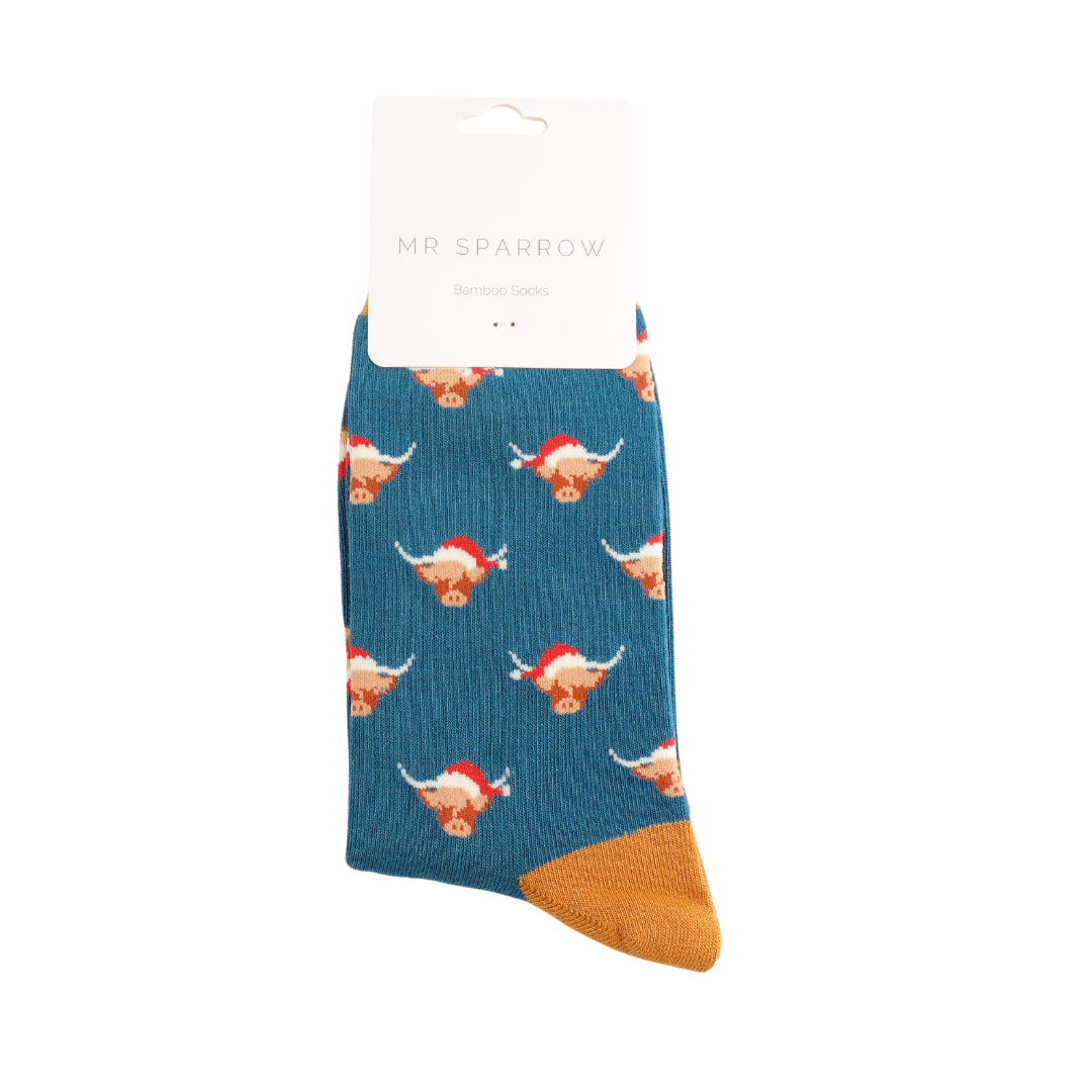 Mr Sparrow Mens Bamboo Socks Xmas Highland Cows TEAL MR090