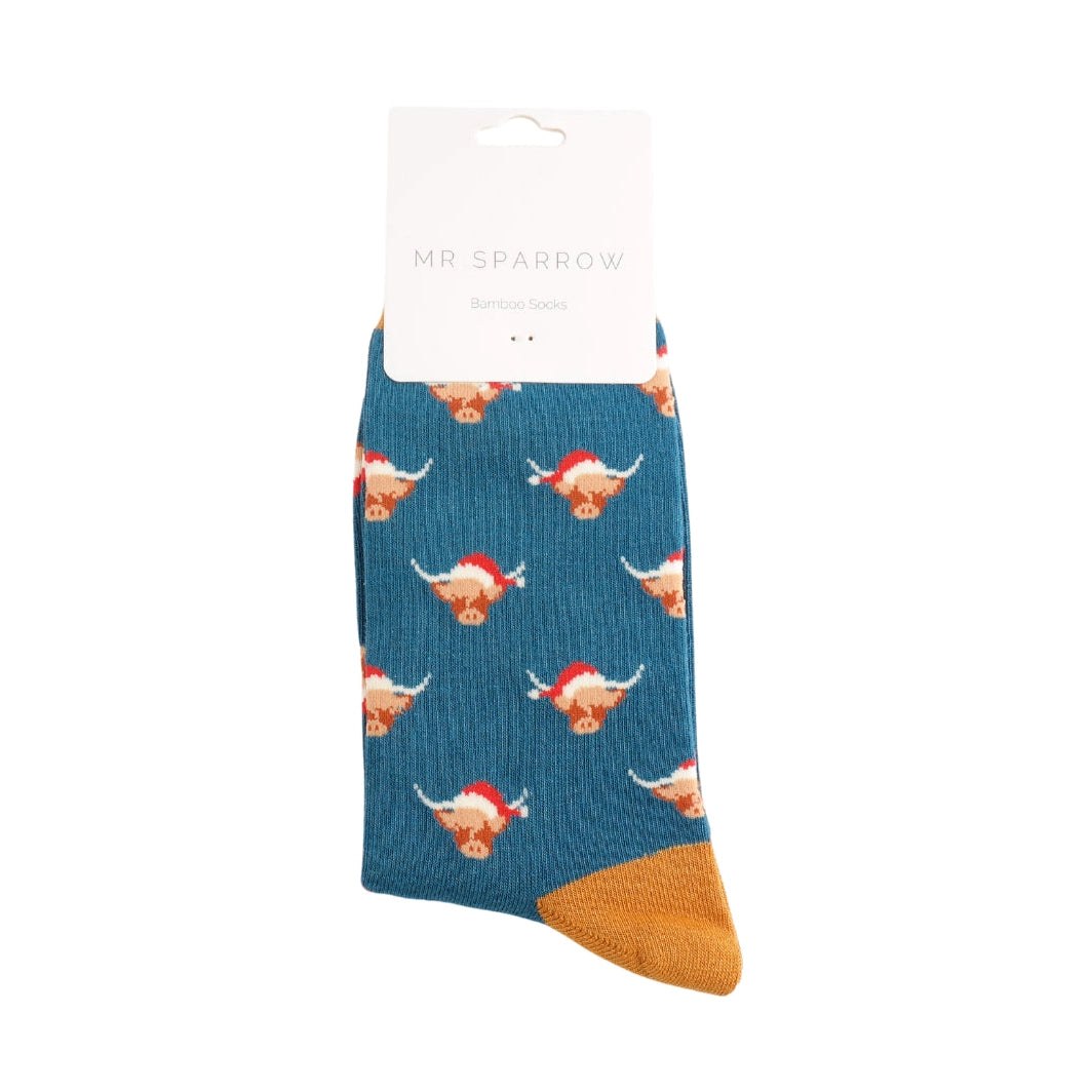 Mr Sparrow Mens Bamboo Socks Xmas Highland Cows TEAL MR090