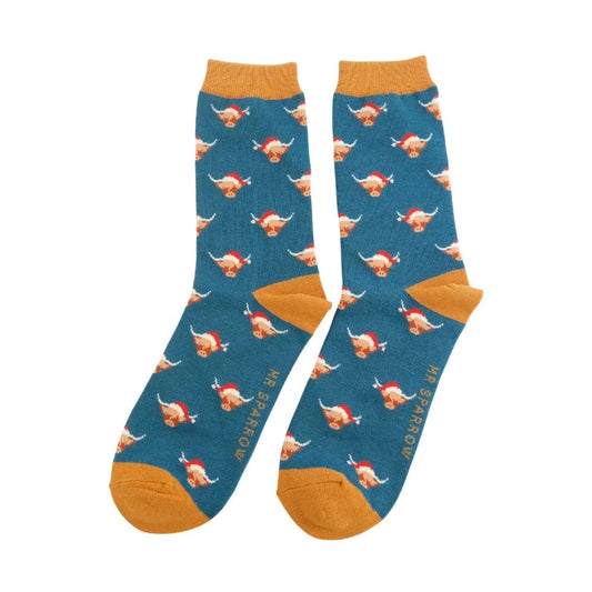 Mr Sparrow Mens Bamboo Socks Xmas Highland Cows TEAL MR090
