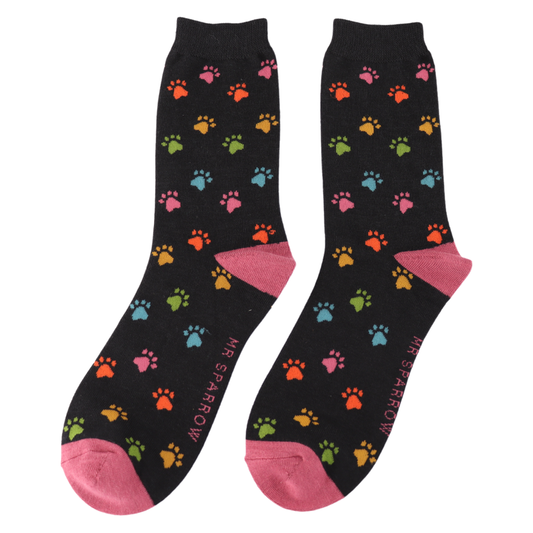 Mr Sparrow Quality Bamboo Socks Paw Print BLACK MR123