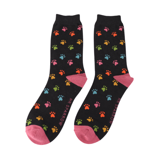 Mr Sparrow Quality Bamboo Socks Paw Print BLACK MR123