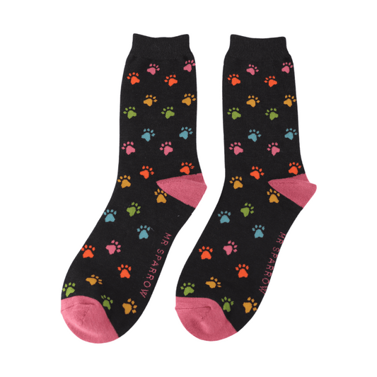Mr Sparrow Quality Bamboo Socks Paw Print BLACK MR123