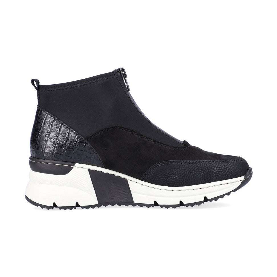 Rieker Ladies Boot N6352 Trainer style front zip Ankle Boot with wedge sole BLACK MULTI N6352-00