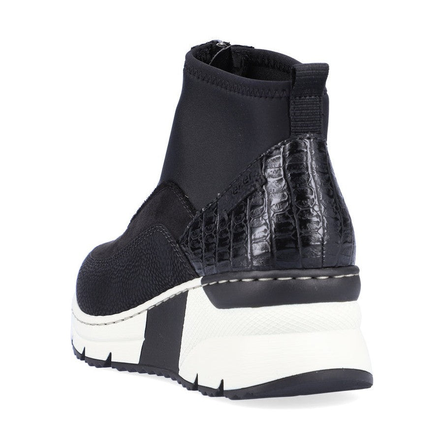 Rieker Ladies Boot N6352 Trainer style front zip Ankle Boot with wedge sole BLACK MULTI N6352-00