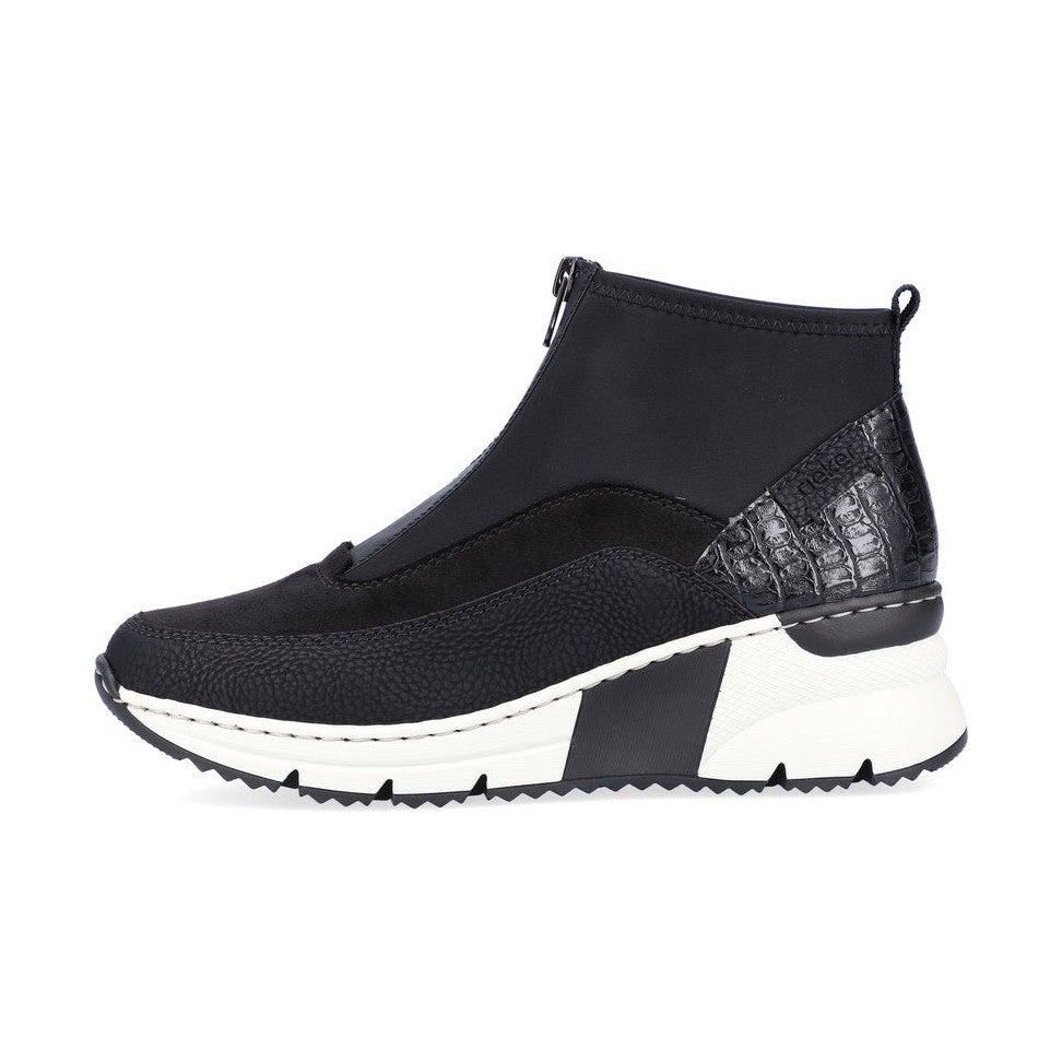 Rieker Ladies Boot N6352 Trainer style front zip Ankle Boot with wedge sole BLACK MULTI N6352-00