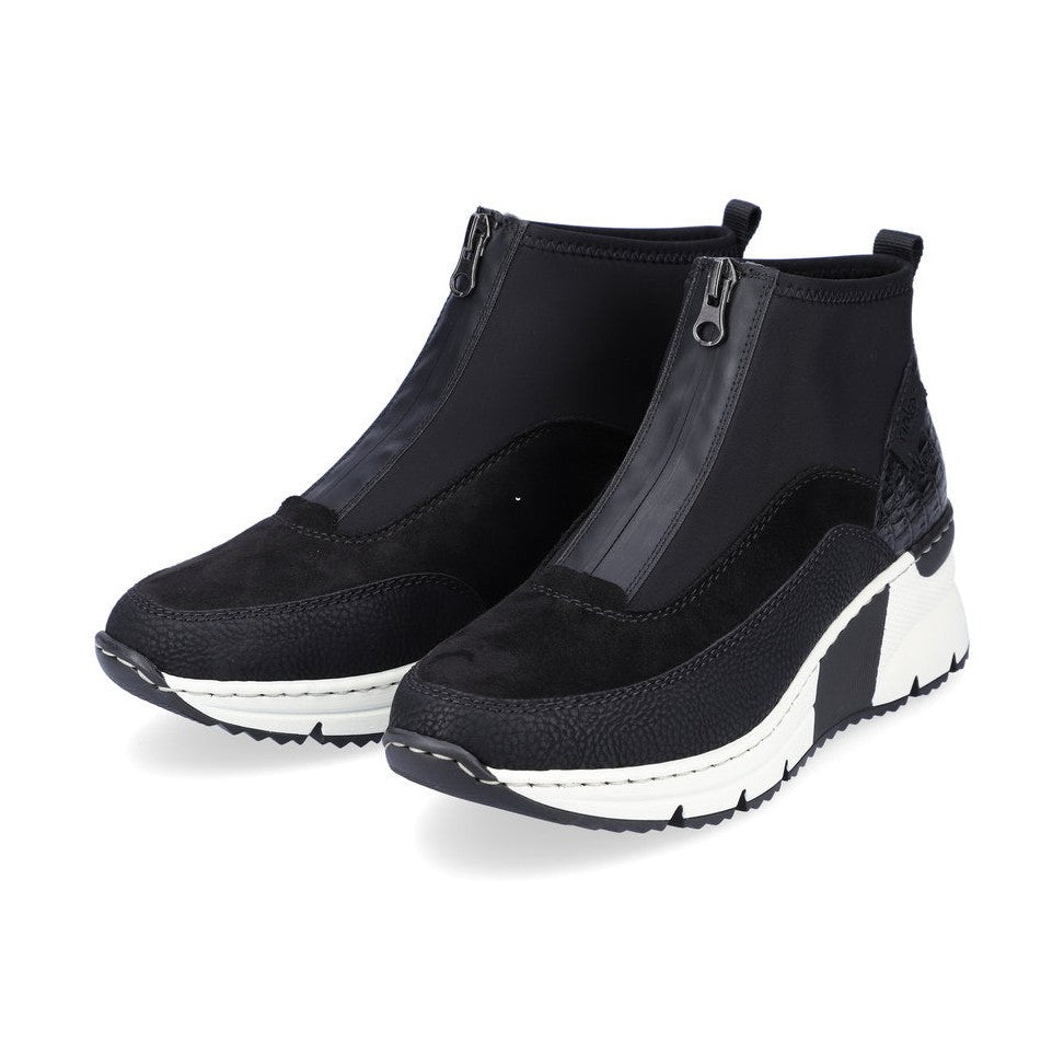 Rieker Ladies Boot N6352 Trainer style front zip Ankle Boot with wedge sole BLACK MULTI N6352-00
