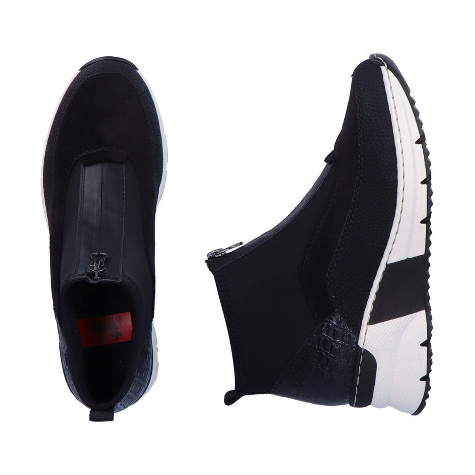Rieker Ladies Boot N6352 Trainer style front zip Ankle Boot with wedge sole BLACK MULTI N6352-00
