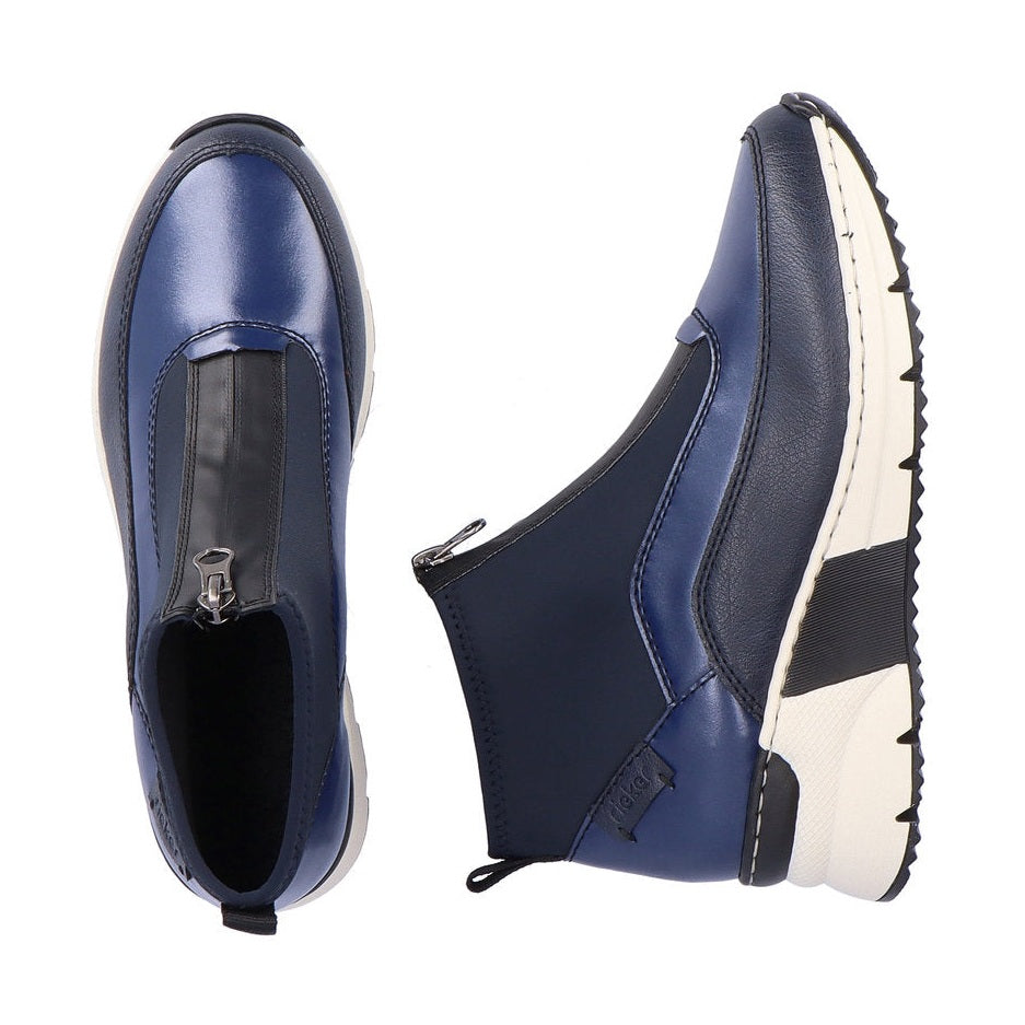 Rieker Ladies Boot N6352 Trainer style front zip Ankle Boot with wedge sole BLUE MULTY N6352-14