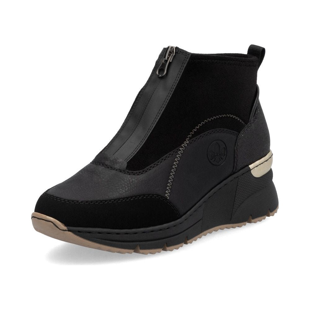 Rieker Ladies Boot N6361 Trainer style front zip Ankle Boot with Black wedge sole BLACK N6361-00