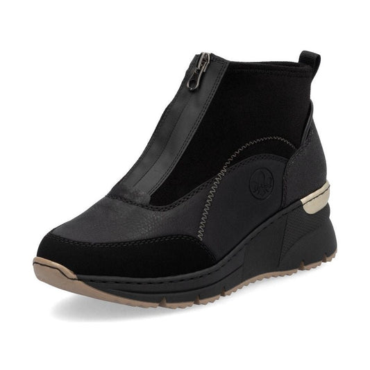 Rieker Ladies Boot N6361 Trainer style front zip Ankle Boot with Black wedge sole BLACK N6361-00