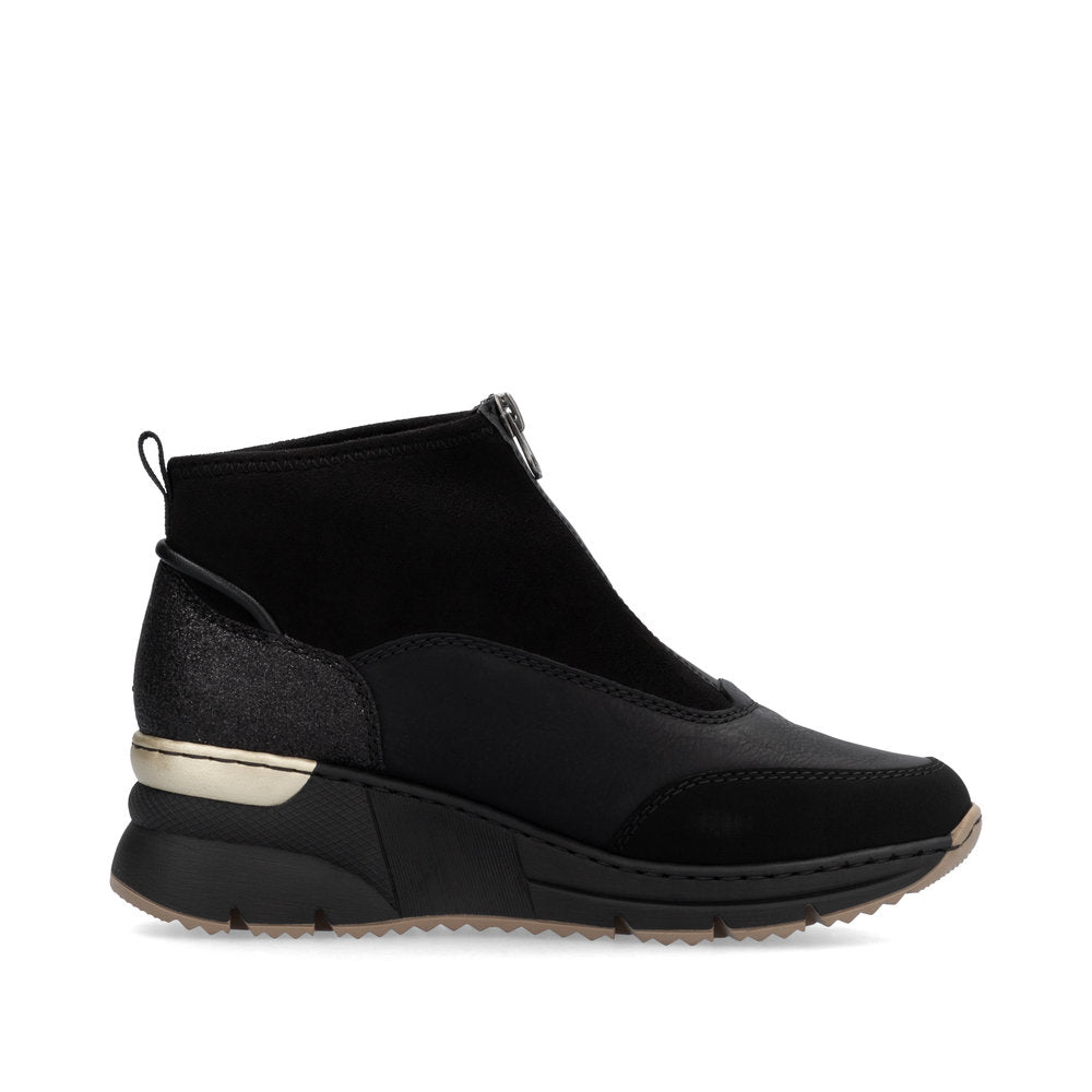Rieker Ladies Boot N6361 Trainer style front zip Ankle Boot with Black wedge sole BLACK N6361-00