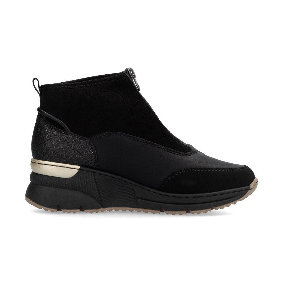 Rieker Ladies Boot N6361 Trainer style front zip Ankle Boot with Black wedge sole BLACK N6361-00