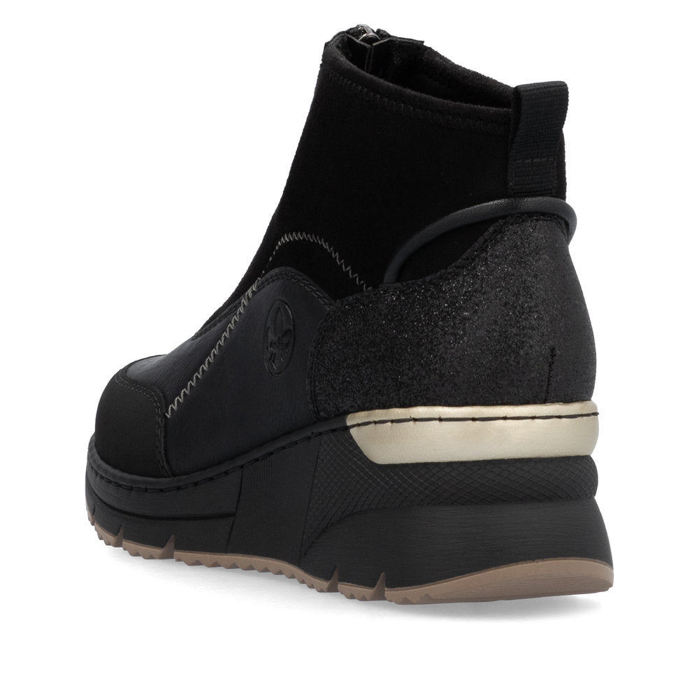 Rieker Ladies Boot N6361 Trainer style front zip Ankle Boot with Black wedge sole BLACK N6361-00