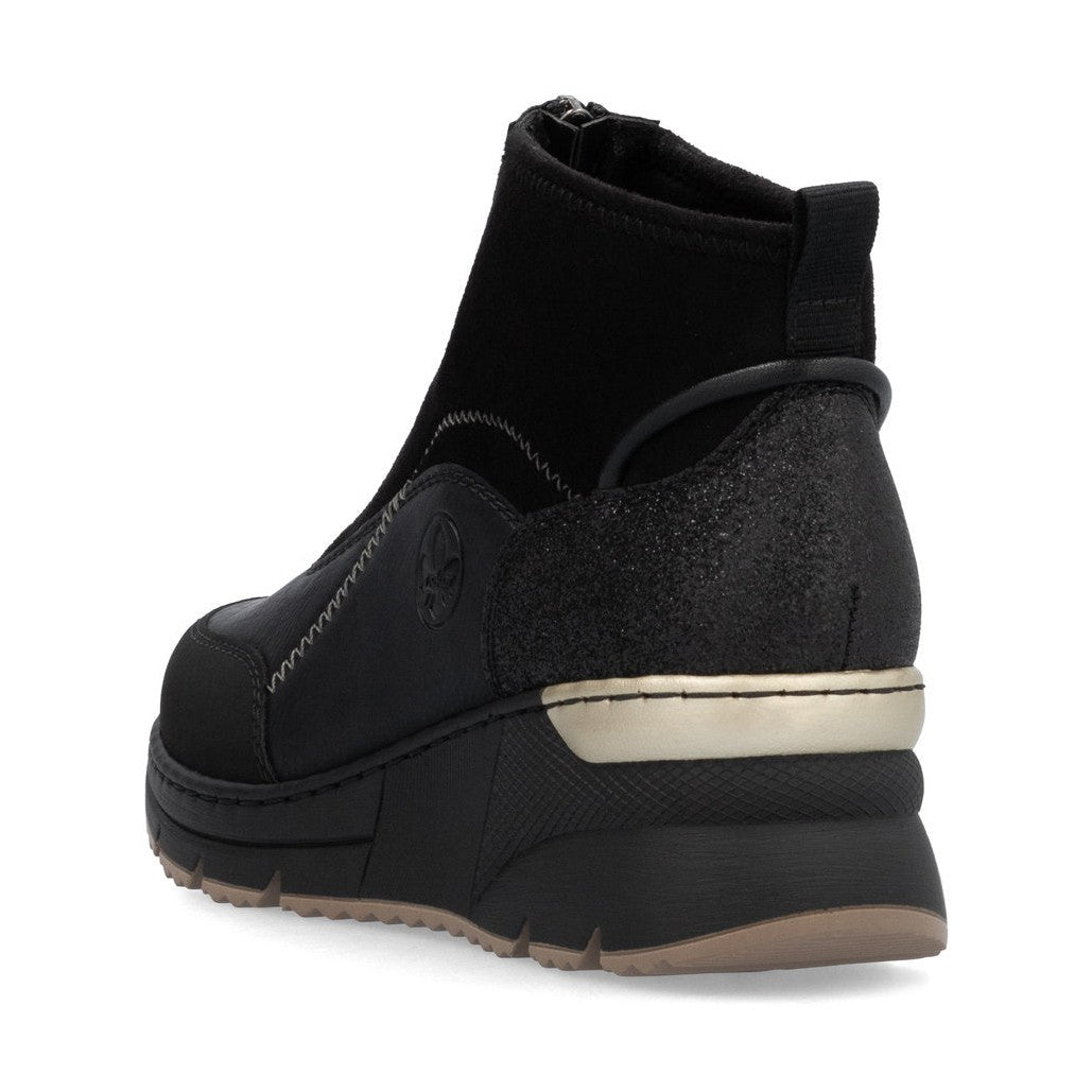 Rieker Ladies Boot N6361 Trainer style front zip Ankle Boot with Black wedge sole BLACK N6361-00