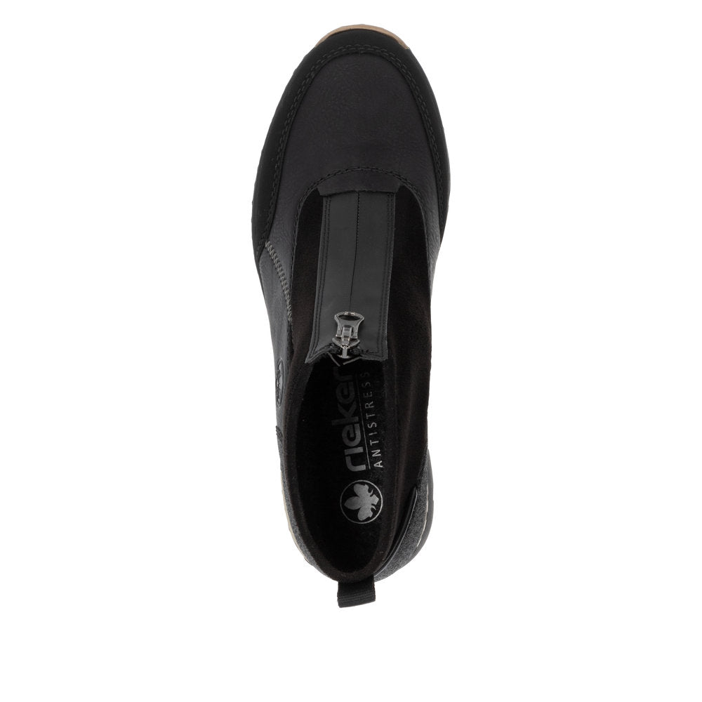 Rieker Ladies Boot N6361 Trainer style front zip Ankle Boot with Black wedge sole BLACK N6361-00