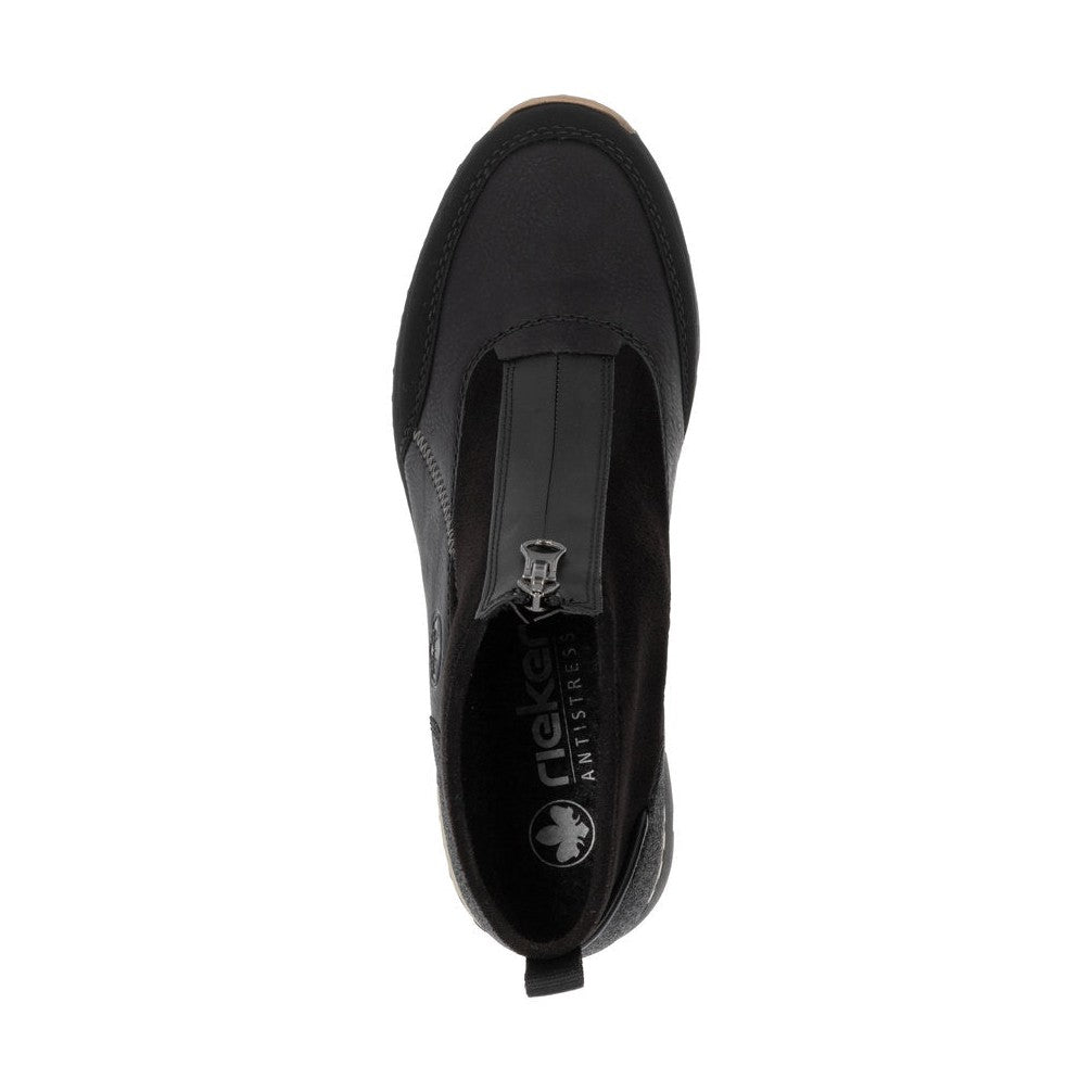 Rieker Ladies Boot N6361 Trainer style front zip Ankle Boot with Black wedge sole BLACK N6361-00