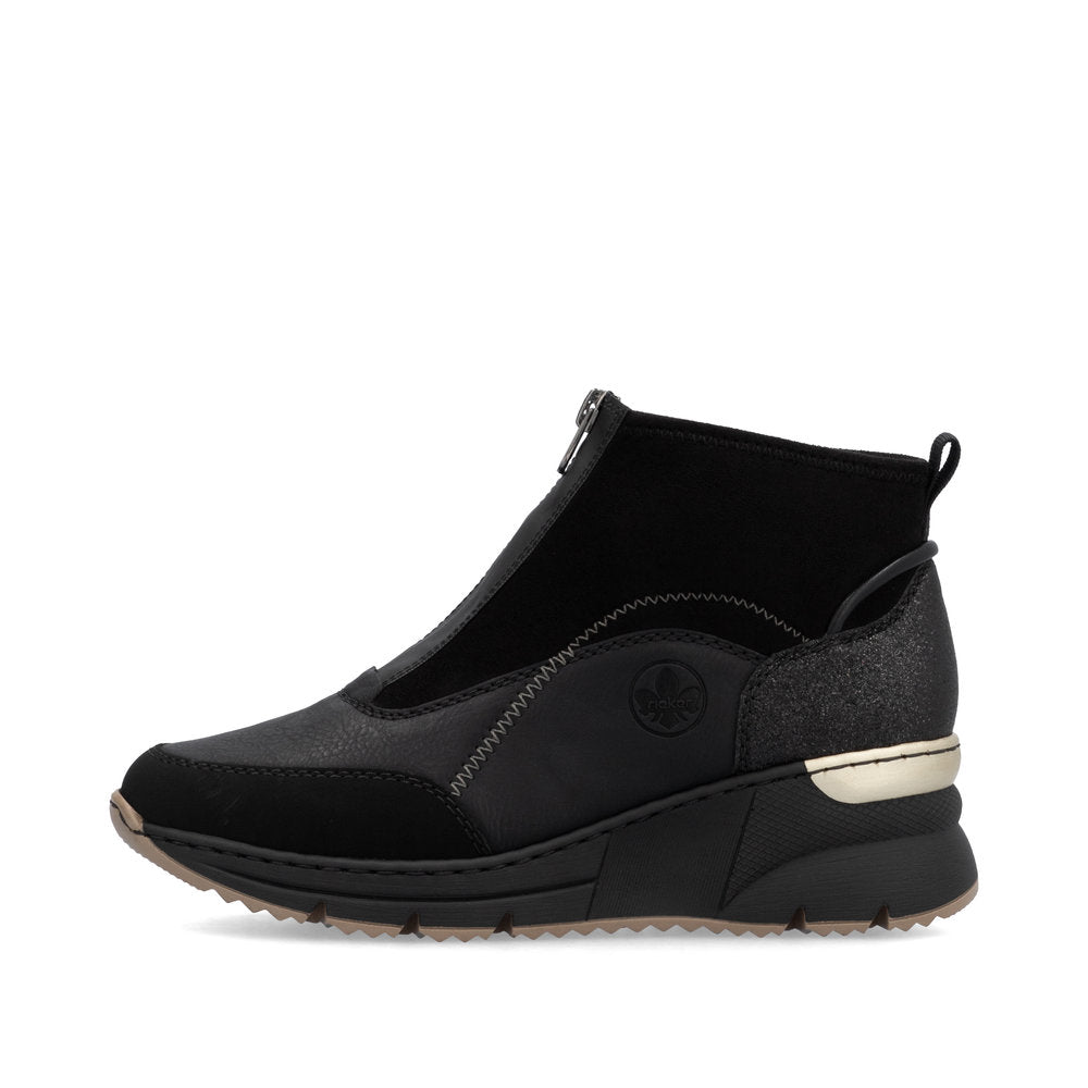 Rieker Ladies Boot N6361 Trainer style front zip Ankle Boot with Black wedge sole BLACK N6361-00
