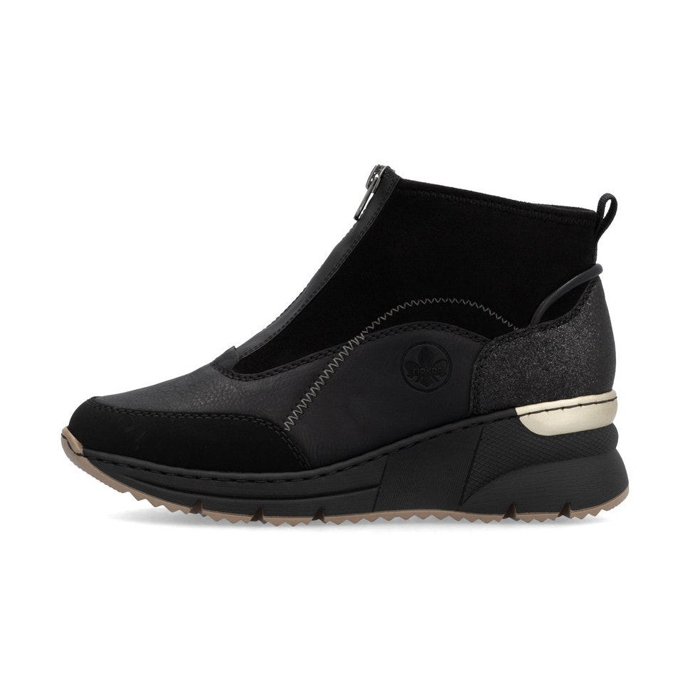 Rieker Ladies Boot N6361 Trainer style front zip Ankle Boot with Black wedge sole BLACK N6361-00