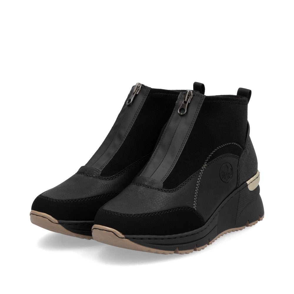 Rieker Ladies Boot N6361 Trainer style front zip Ankle Boot with Black wedge sole BLACK N6361-00