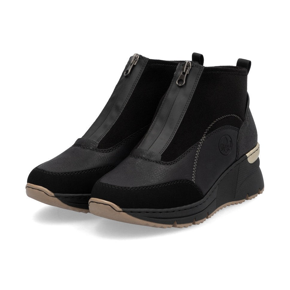 Rieker Ladies Boot N6361 Trainer style front zip Ankle Boot with Black wedge sole BLACK N6361-00