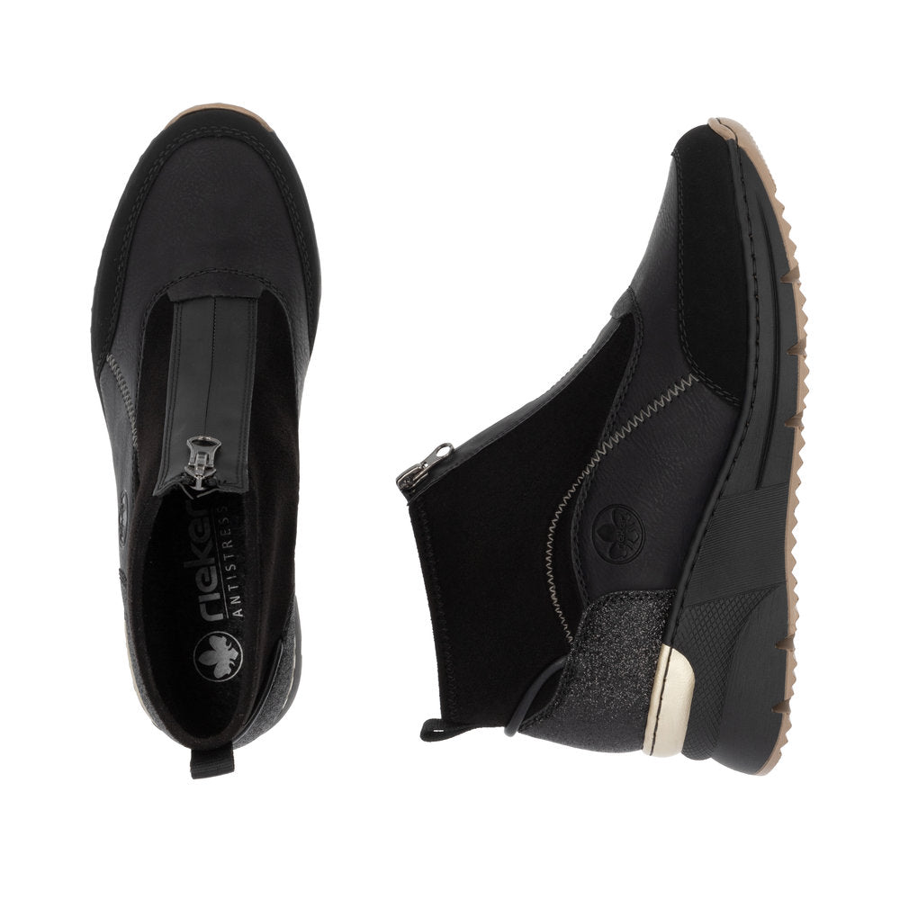 Rieker Ladies Boot N6361 Trainer style front zip Ankle Boot with Black wedge sole BLACK N6361-00