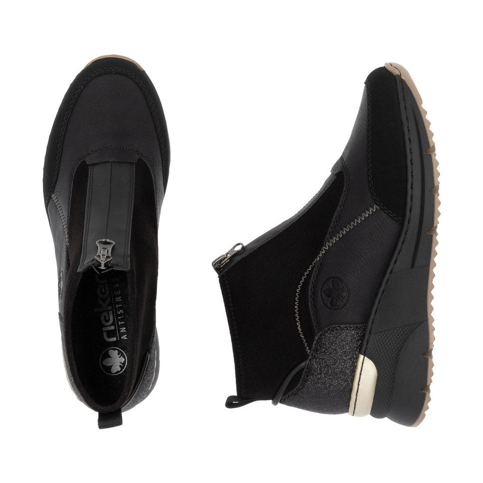 Rieker Ladies Boot N6361 Trainer style front zip Ankle Boot with Black wedge sole BLACK N6361-00