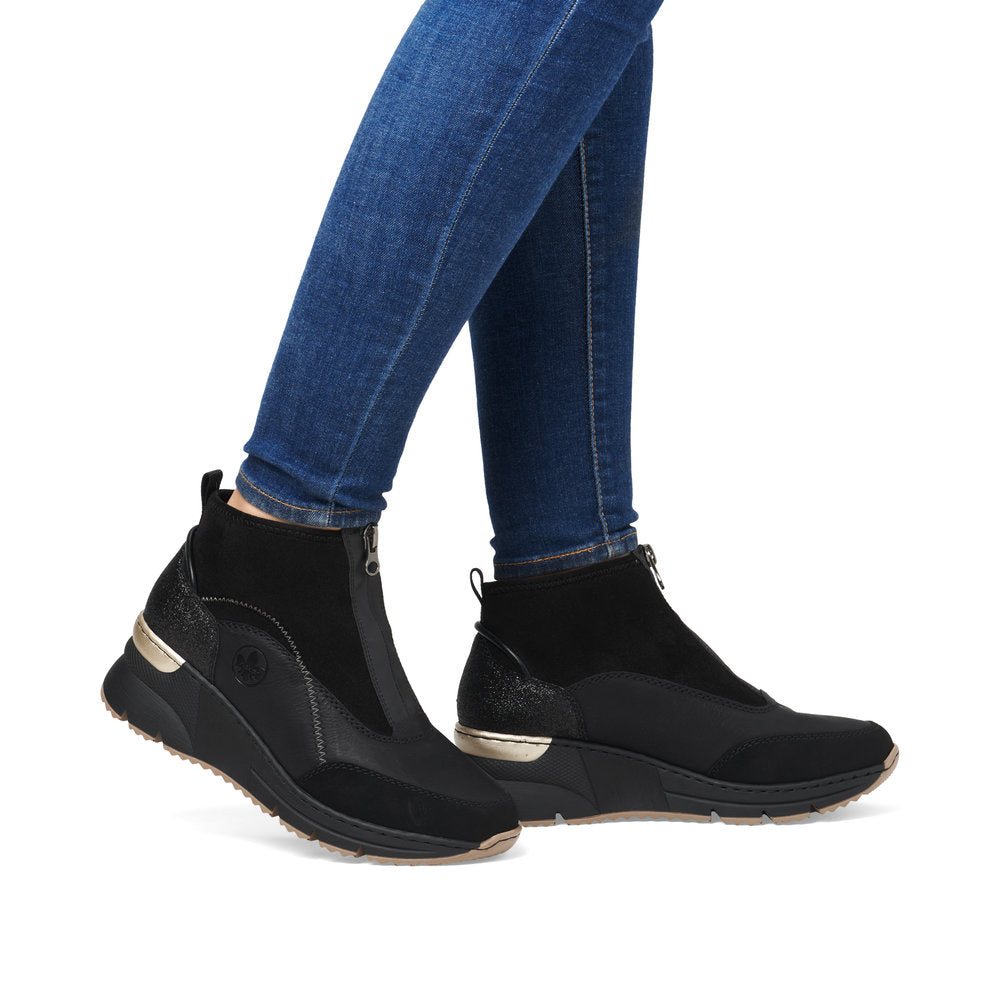 Rieker Ladies Boot N6361 Trainer style front zip Ankle Boot with Black wedge sole BLACK N6361-00
