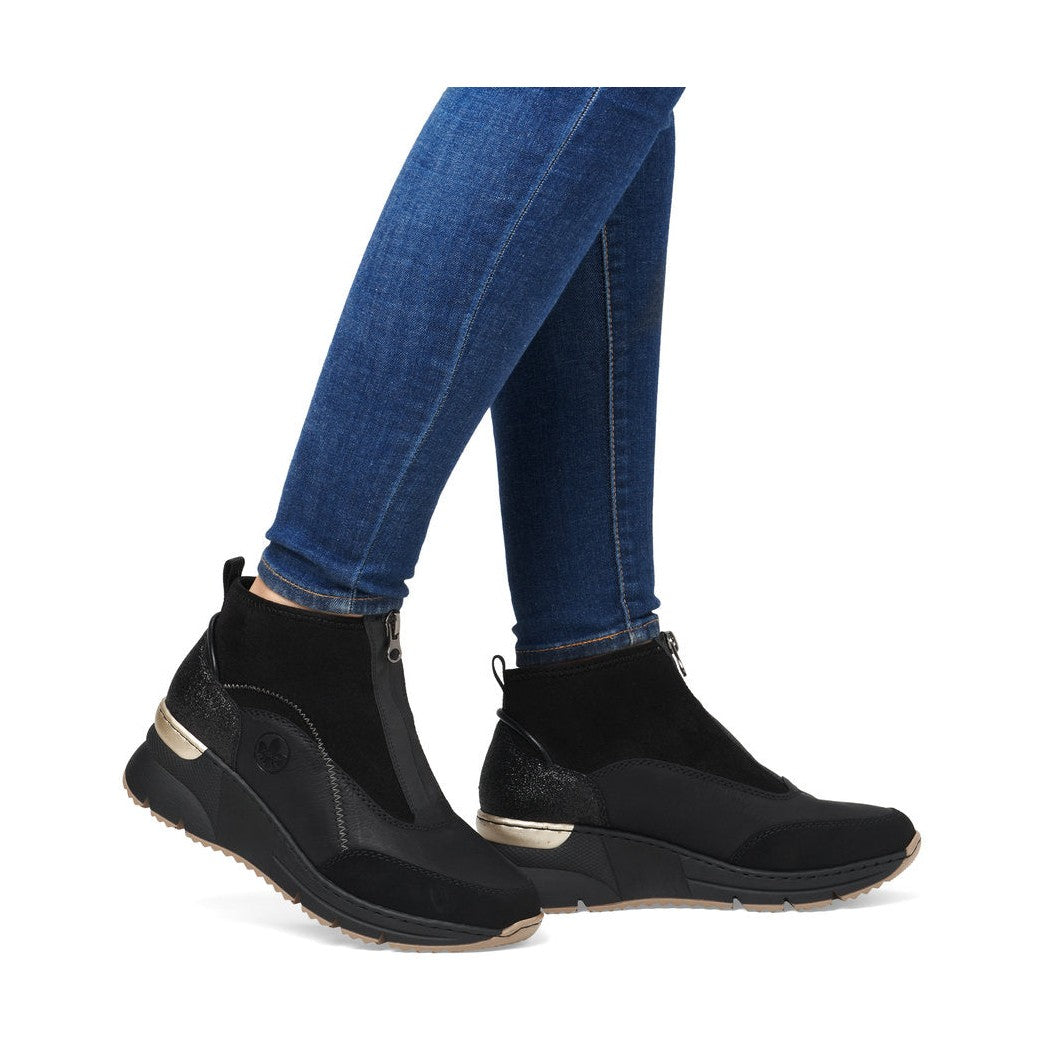 Rieker Ladies Boot N6361 Trainer style front zip Ankle Boot with Black wedge sole BLACK N6361-00