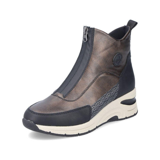 Rieker Ladies Boot N9381 Trainer style front zip Ankle Boot with wedge sole BRONZE N9381-60