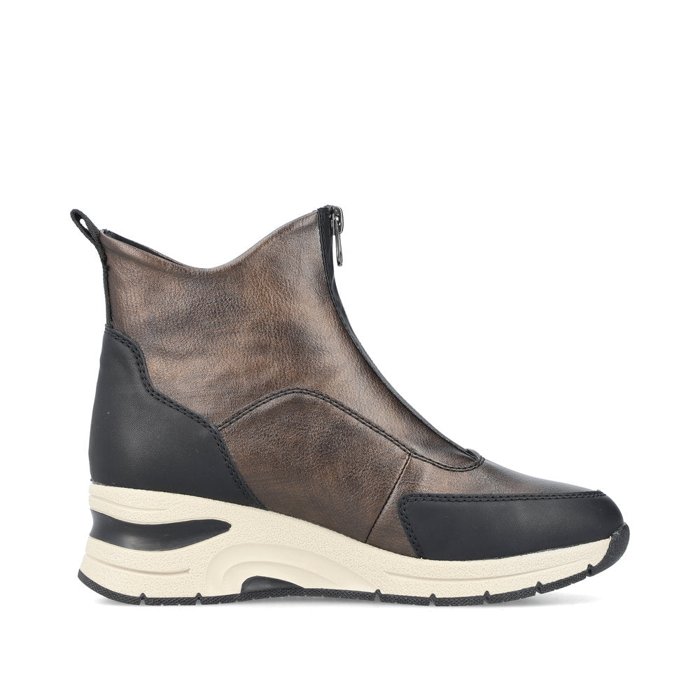 Rieker Ladies Boot N9381 Trainer style front zip Ankle Boot with wedge sole BRONZE N9381-60