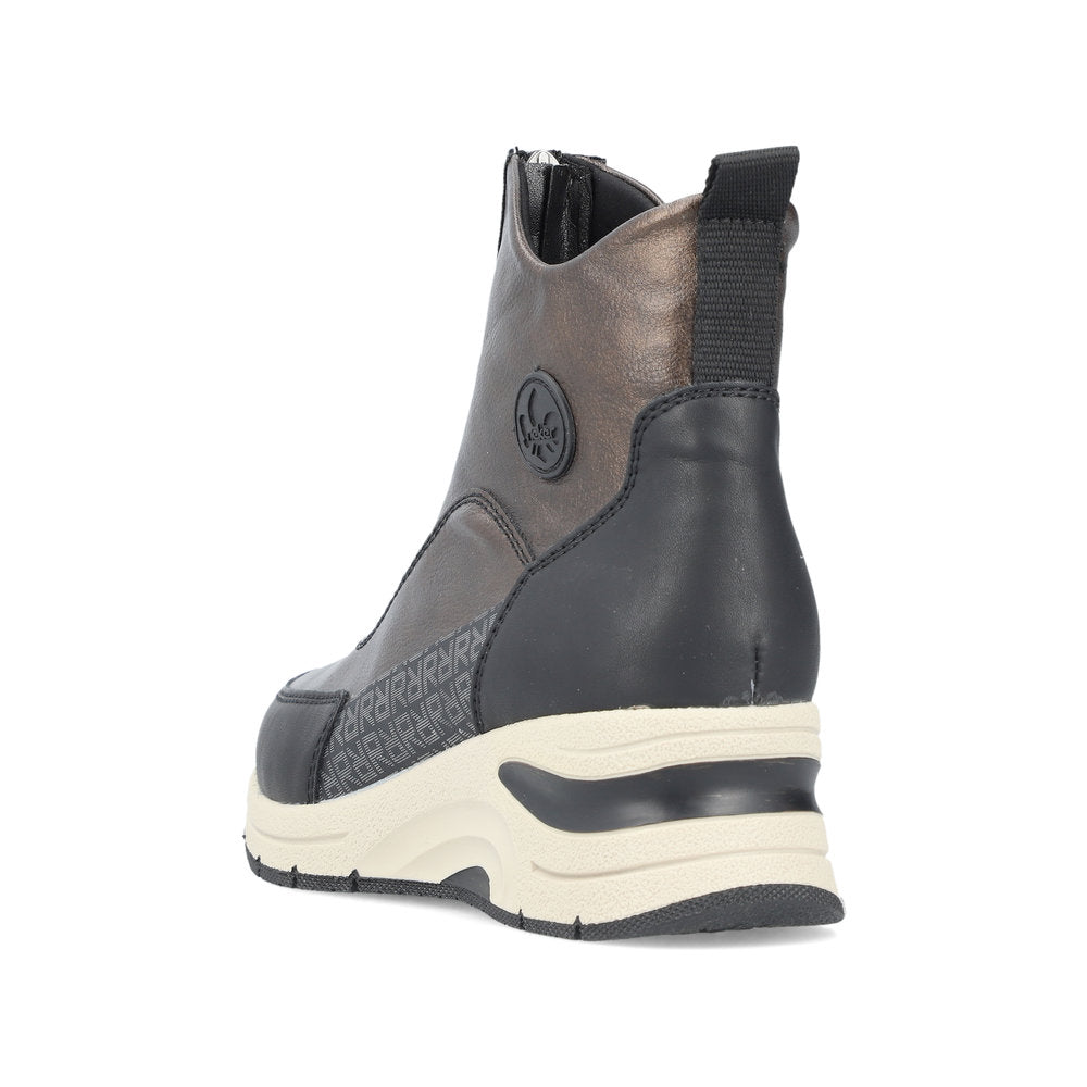 Rieker Ladies Boot N9381 Trainer style front zip Ankle Boot with wedge sole BRONZE N9381-60