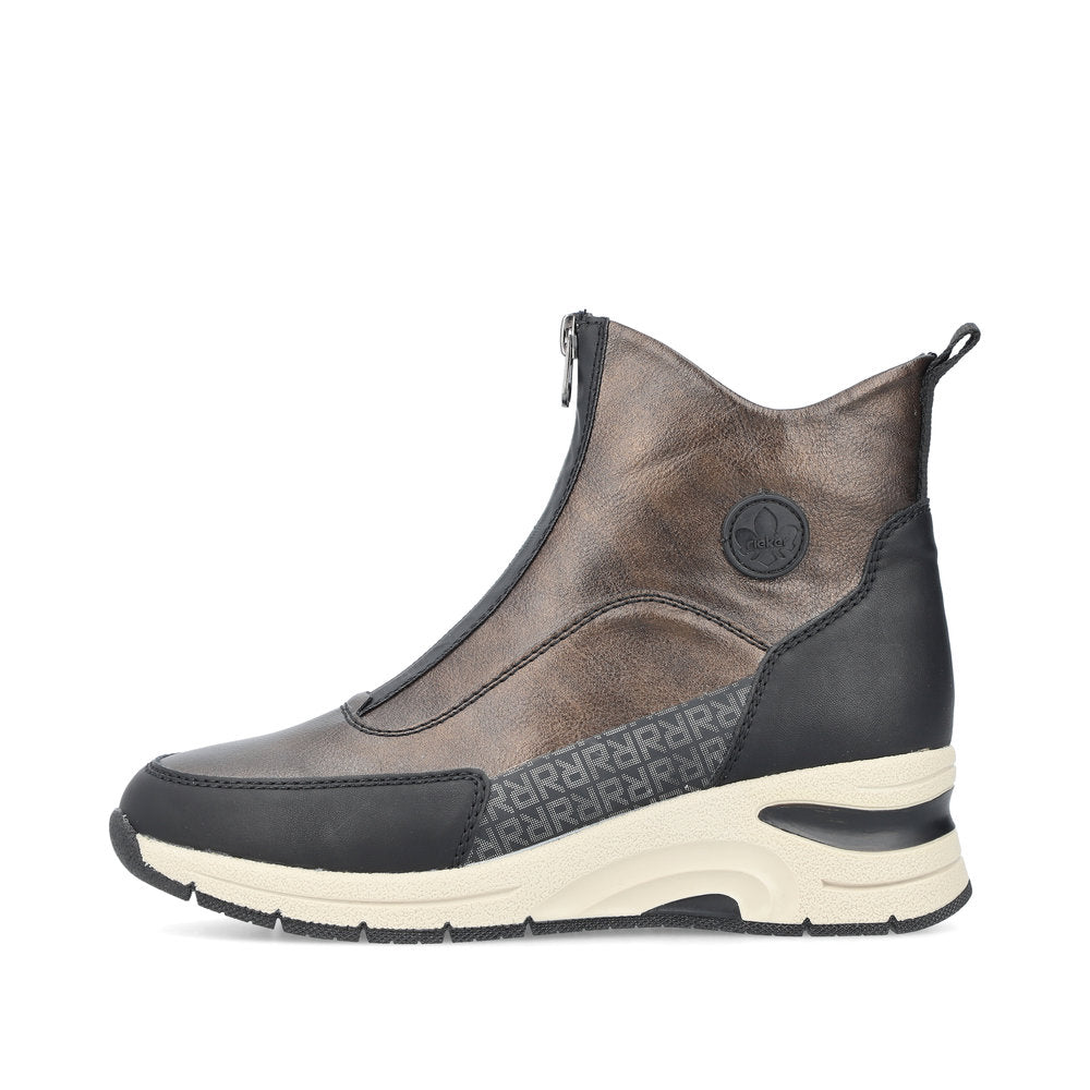 Rieker Ladies Boot N9381 Trainer style front zip Ankle Boot with wedge sole BRONZE N9381-60
