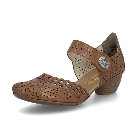 Rieker Bar Shoe 43753-TAN Smart Heeled Leather Bar Shoe With Touch Fastening