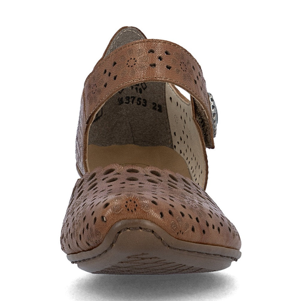 Rieker Bar Shoe 43753-TAN Smart Heeled Leather Bar Shoe With Touch Fastening