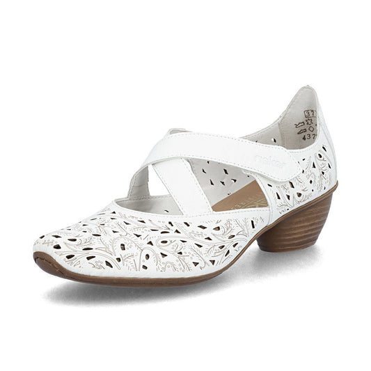 Rieker Bar Shoe 43773 WHITE Smart Heeled Leather Bar Shoe With Touch Fastening
