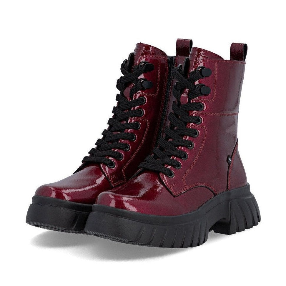 Rieker Biker Style Ankle Boot with Lace and Zip W1870-35 RED PATENT LEATHER
