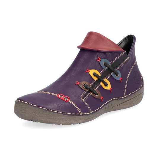 Rieker Ladies Boot 72581 Flat Ankle boot with multi coloured stitching and zip PURPLE 72581-30