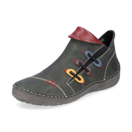 Rieker Ladies Boot 72581 Flat Ankle boot with multi coloured stitching and zip GREEN 72581-54