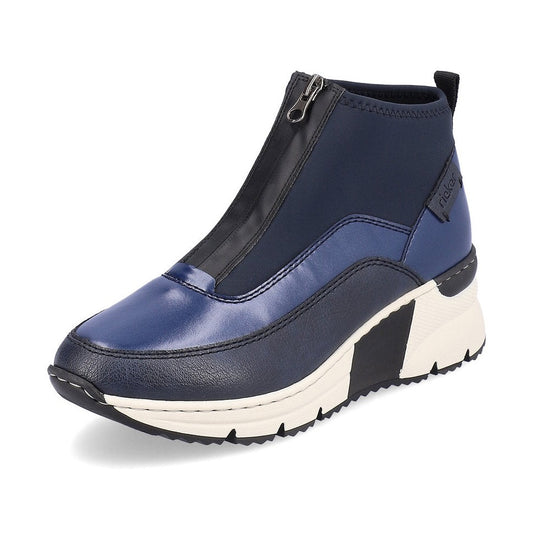Rieker Ladies Boot N6352 Trainer style front zip Ankle Boot with wedge sole BLUE MULTY N6352-14