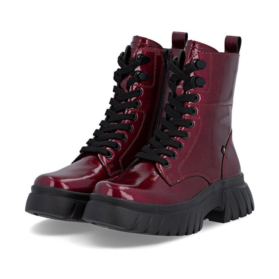 Rieker Biker Style Ankle Boot with Lace and Zip W1870-35 RED PATENT LEATHER