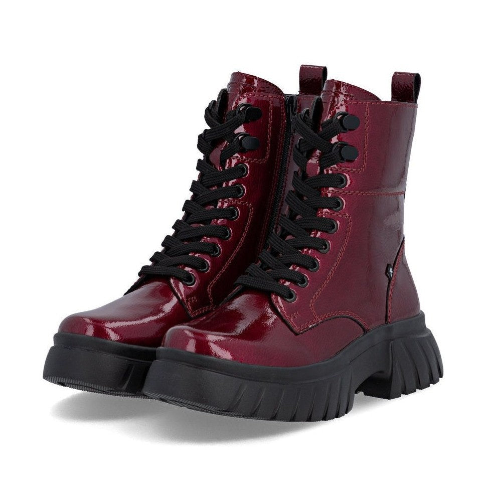 Rieker Biker Style Ankle Boot with Lace and Zip W1870-35 RED PATENT LEATHER
