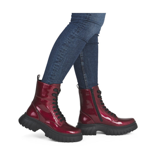 Rieker Biker Style Ankle Boot with Lace and Zip W1870-35 RED PATENT LEATHER