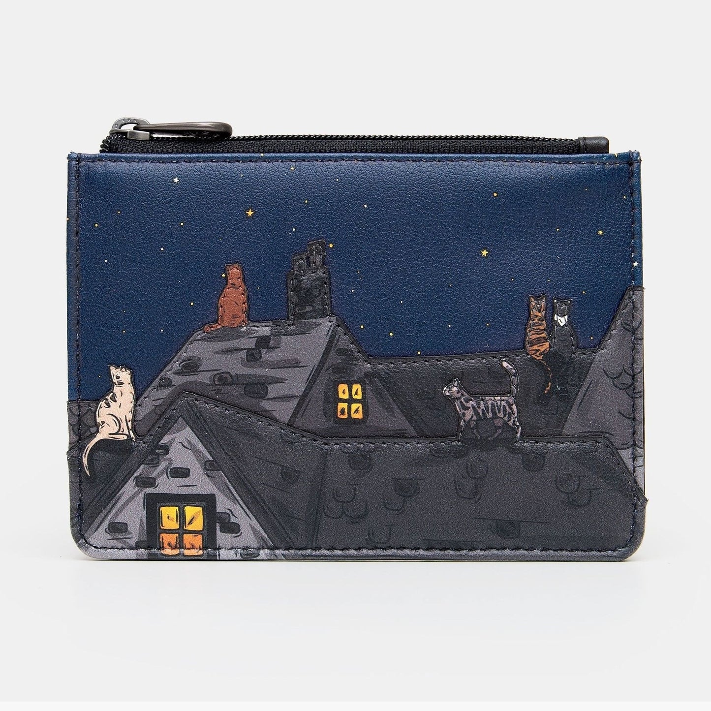 Yoshi Stargazing Cats Zip Purse BLACK Leather .