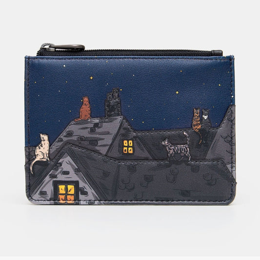 Yoshi Stargazing Cats Zip Purse BLACK Leather .