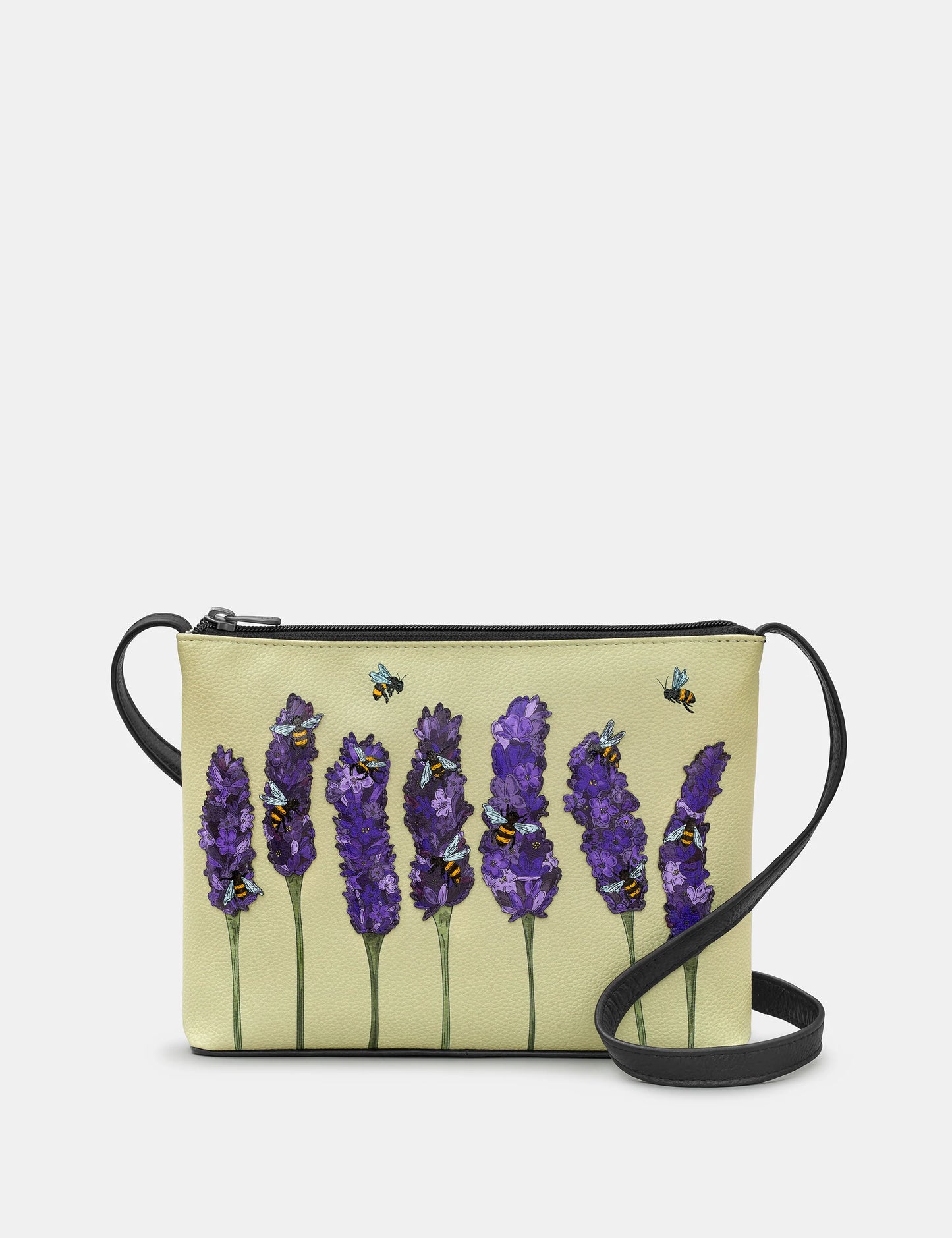 Bees Love BLACK Yellow Lavender Soft Leather Cross Body Bag