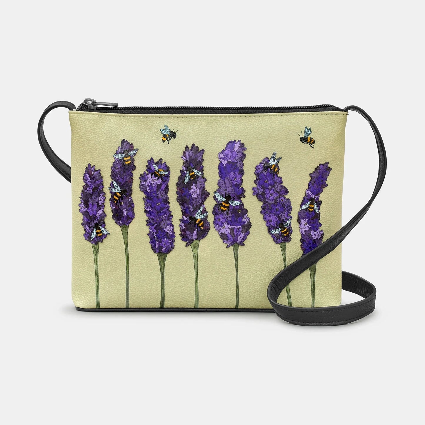 Bees Love BLACK Yellow Lavender Soft Leather Cross Body Bag