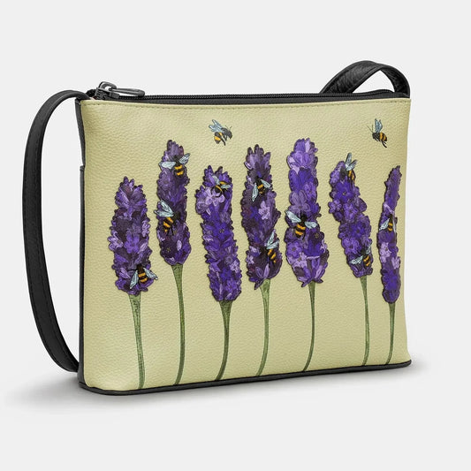 Bees Love BLACK Yellow Lavender Soft Leather Cross Body Bag