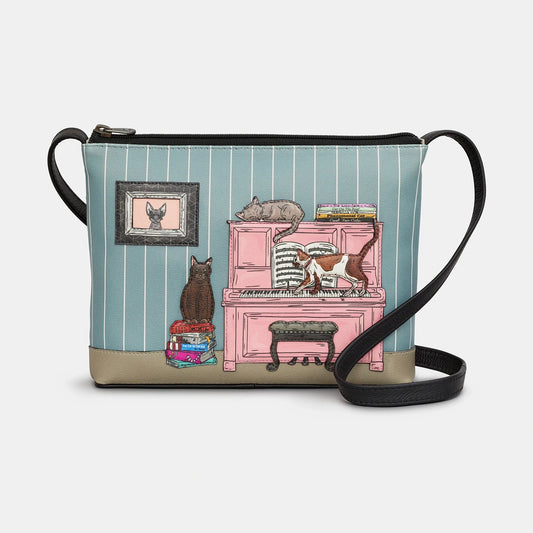 Yoshi Piano Cats Black Soft Leather Cross Body Bag BLACK YB214 PIANO 1