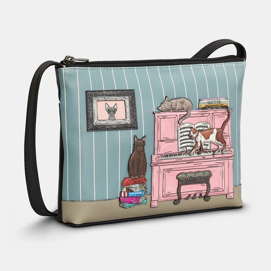 Yoshi Piano Cats Black Soft Leather Cross Body Bag BLACK YB214 PIANO 1